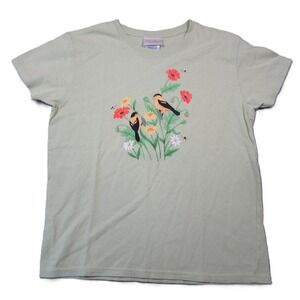 Top Stitch Morning Sun Goldfinch T-Shirt M Sage Embroidered Cottage Garden Birds